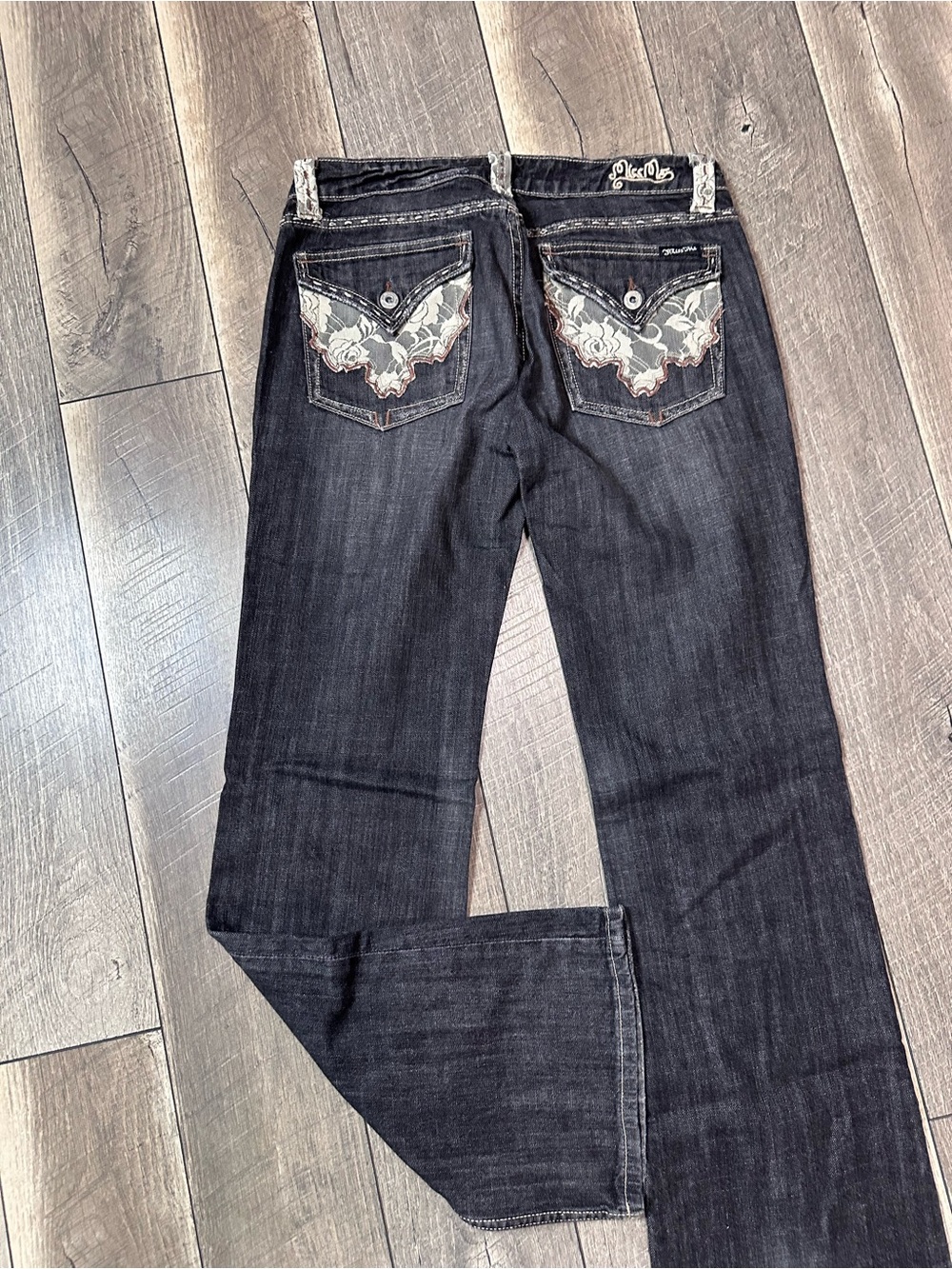 Miss Me Black Wash Lace Trim Low Rise Flare Jeans - Picture 3 of 8
